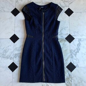 The Kooples Stretch Dress in Embossed Navy Jacquard Zip Front & Leather Trim